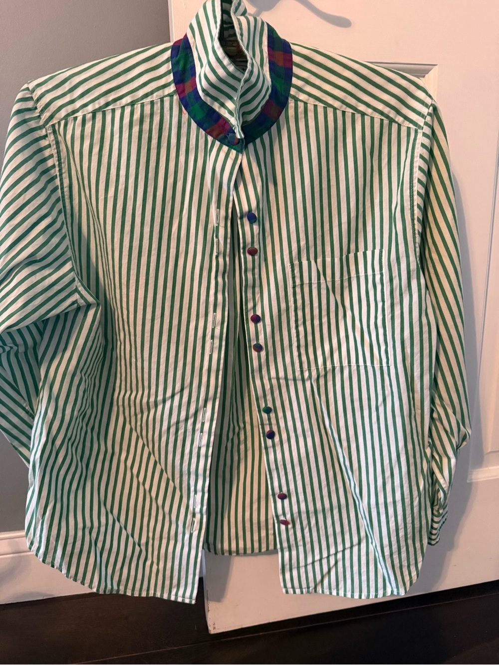 Talbots woman’s Green and White Striped Men's Button-Up Shirt